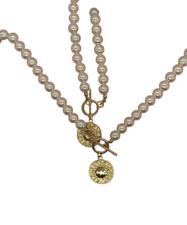 Gold plated pearl necklace with coin-style pendants