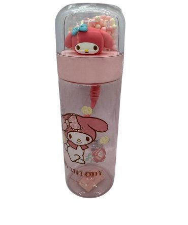Sanrio My Melody water bottle features a 3D character lid and a clear body with floral design