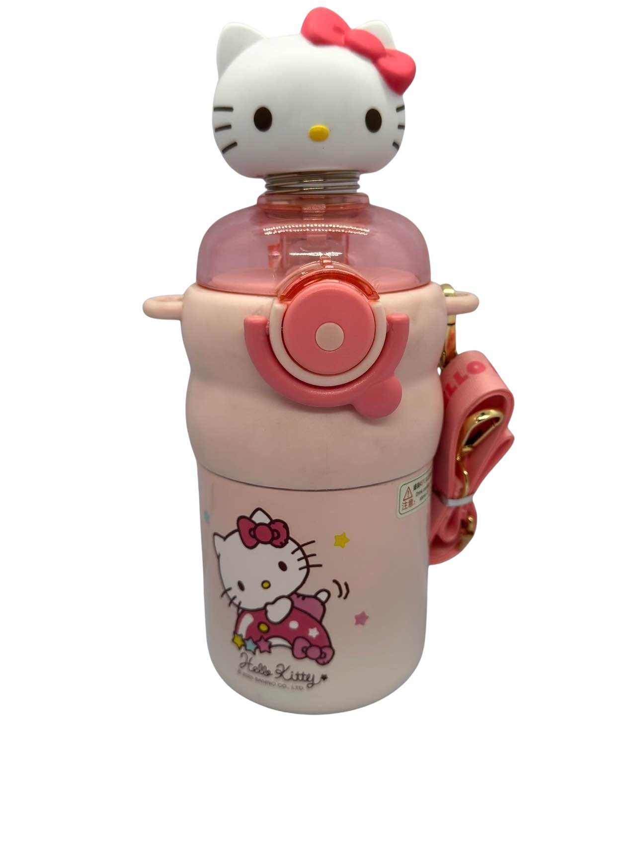 Sanrio Hello Kitty Kids Portable insulated Water Bottle featuring a shaking head doll design, a 550ml capacity, a straw, and a lifting rope